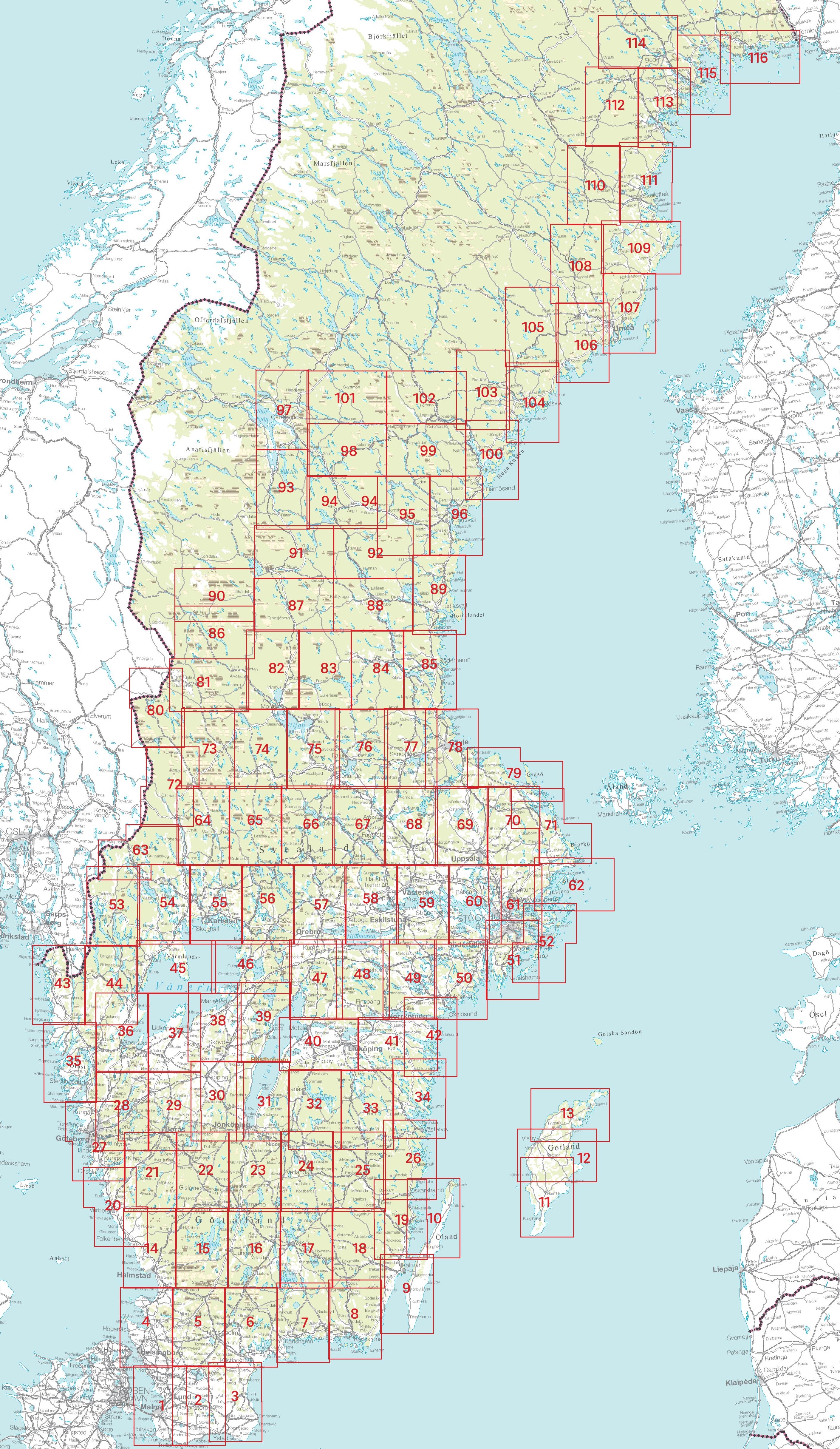 Overzicht wandelkaarten Zweden 1:50.000 Sverigeserien | Norstedts