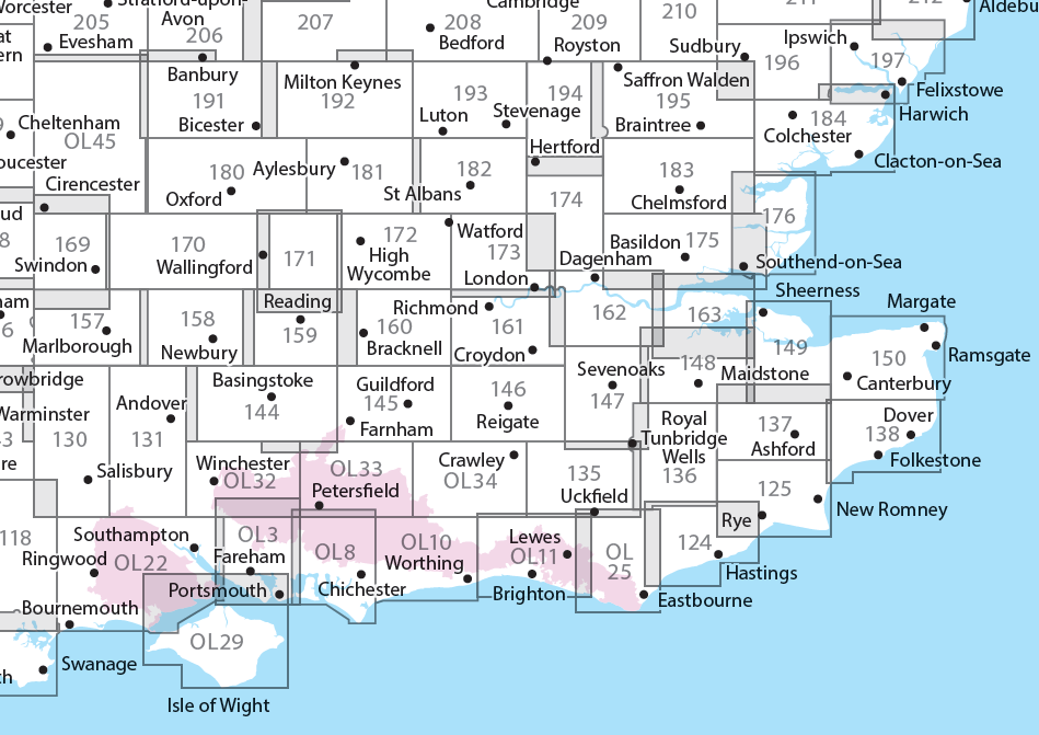 Overzichtskaart Explorer 25.000 wandelkaarten zuidoost Engeland - Kent - Londen