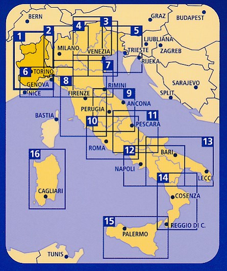 Overzicht wegenkaarten Italie Kummerley & Frey 1:200.000