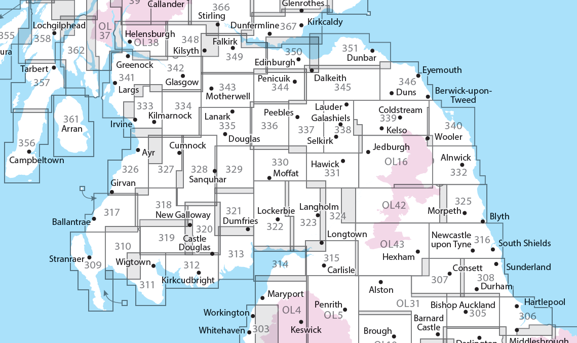 Overzichtskaart Explorer 25.000 wandelkaarten Zuid Schotland - Borders