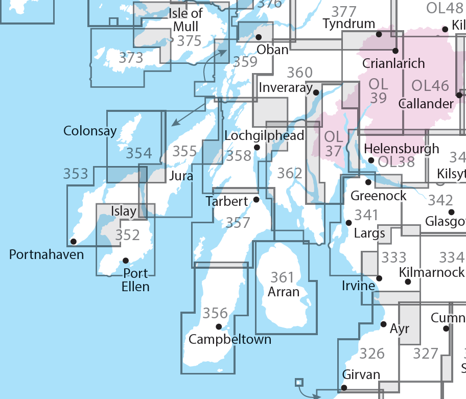 Overzichtskaart Explorer 25.000 topografische kaarten Zuidwest Schotland - Loch Lomond