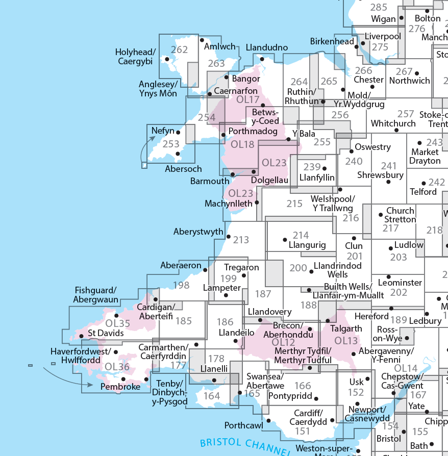 Overzichtskaart Explorer 25.000 wandelkaarten Wales