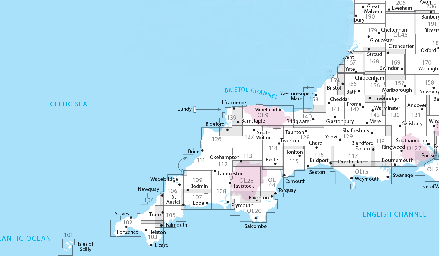 Overzichtskaart Explorer 25.000 topografische kaarten zuidwest Engeland - Devon - Cornwall