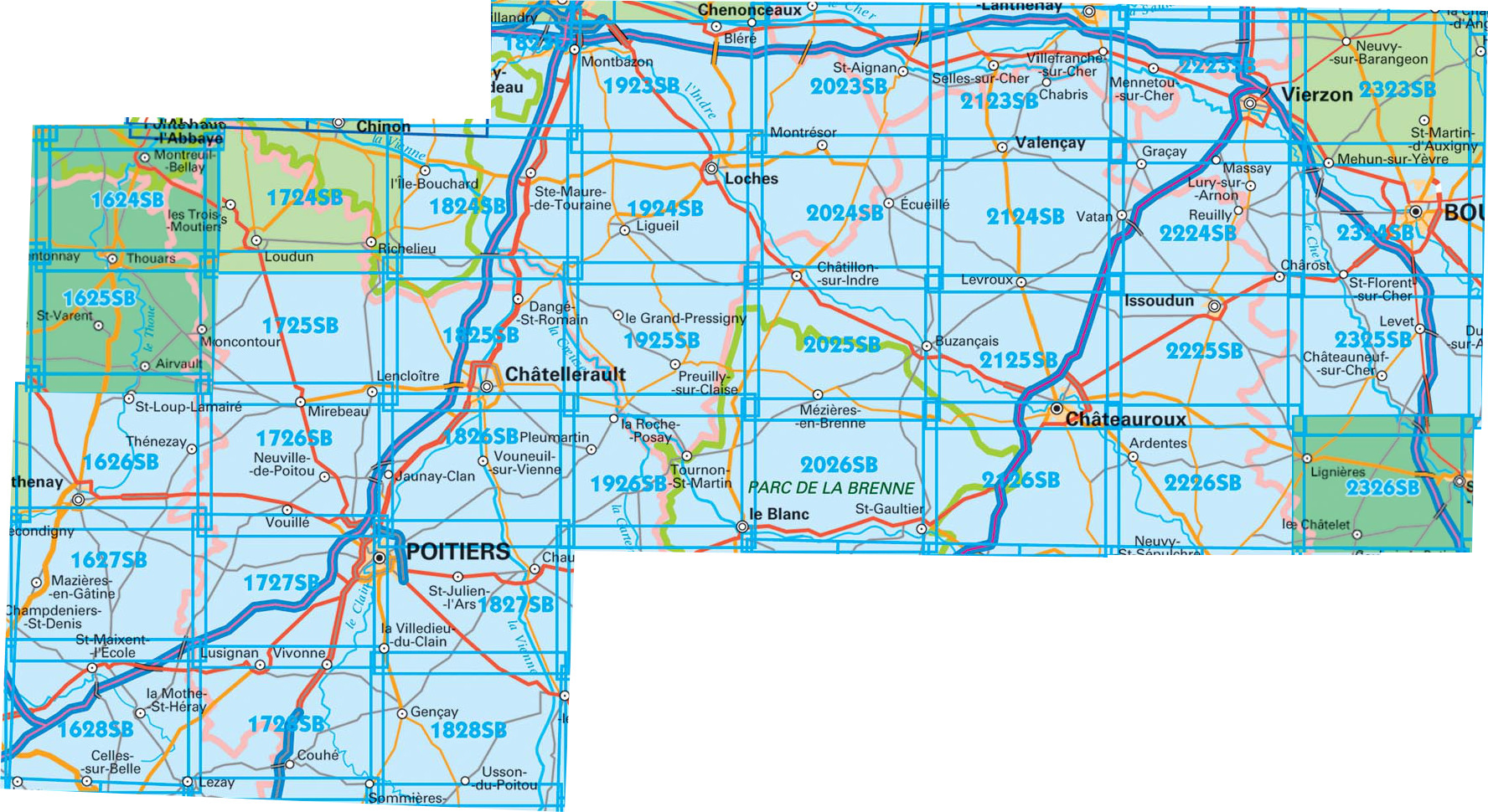 Topografischekaarten IGN 25.000 Loire - Centre: ZUIDELIJK GEDEELTE Bourges - Poitiers