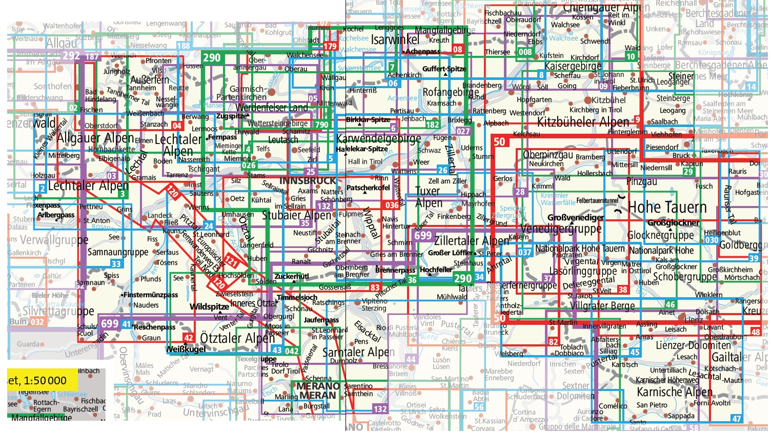 Oververzicht Kompass wandelkaarten Tirol